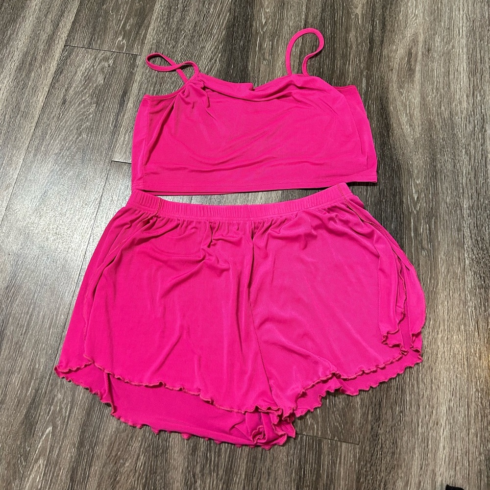 Hot pink camisole pajama set with slit shorts